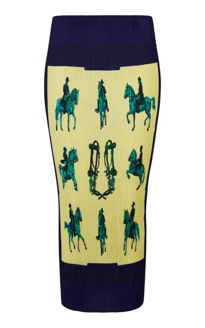 Conner Ives Pleated Scarf Twill Midi Skirt In Blue