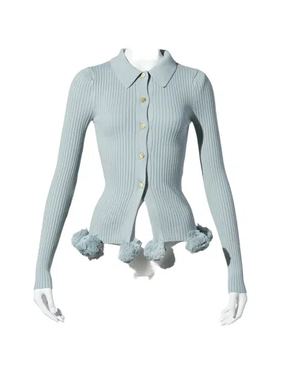 Conner Ives Pom-pom Ribbed-knit Cardigan In Blue