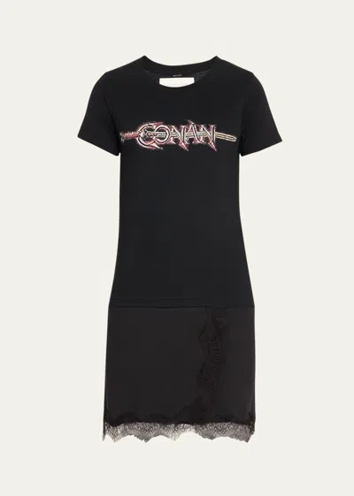 Conner Ives Reconstituted Jersey Lace T-shirt Mini-dress In Black