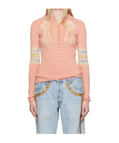 Conner Ives Ribbed Knit Henley Sweater In Pink