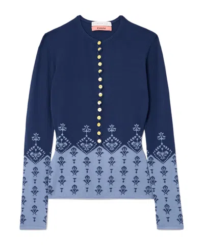Conner Ives Ruffled Jacquard-knit Sweater In Blue