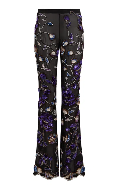 Conner Ives Sequin-embellished Mid-rise Silk Trousers In Black