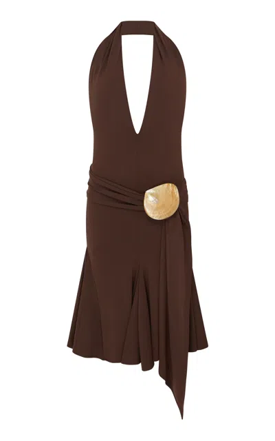 Conner Ives Shell Sash Halter Midi Dress In Brown