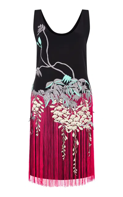 Conner Ives Tank Embroiderd Silk Mini Dress In Black