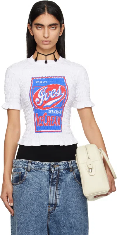 Conner Ives Cropped Shirred Printed Cotton-poplin T-shirt In White