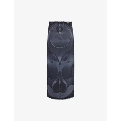 CONNER IVES CONNER IVES WOMEN'S BLACK DENIM GHULAM GRAPHIC-PATTERN DENIM MAXI SKIRT