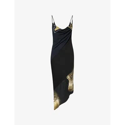 Conner Ives Womens Black Graphic-print Cowl-neck Cotton-blend Jersey Midi Dress