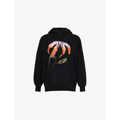 Conner Ives Womens Flower-patch Kangaroo-pocket Cotton-jersey Hoody Black