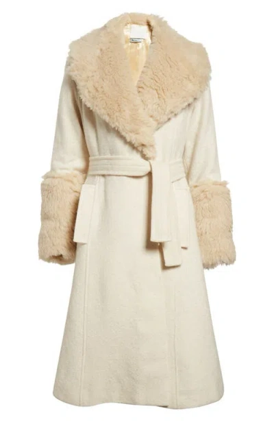 Conner Ives Wool Blend Wrap Coat With Faux Fur Trim In Off White