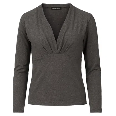 Conquista Black Women's Heathered Charcoal V-neck Jersey Top – Long Sleeve, Draped Front