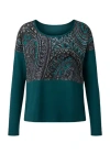 Conquista Green Women's Exotic Print Viscose-blend Jersey Top With Contrasting Elastane Panels In Green