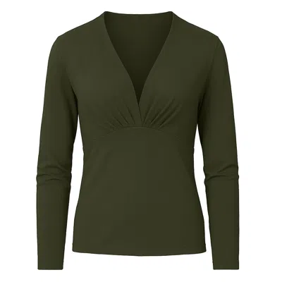 Conquista Green Women's Viscose Elastane Jersey Top – Long Sleeve, Deep V-neck- Dark Khaki