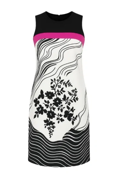 Conquista Women's A Line Black Print Dress With Fuchsia Strip
