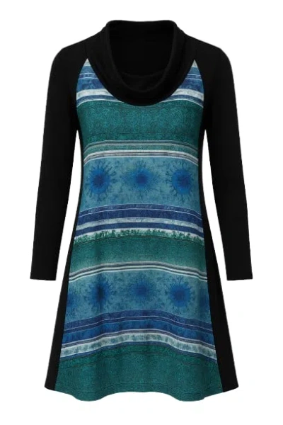 Conquista Women's A Line Print Dress With Turtle Neck In Black