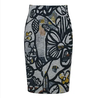 Conquista Women's Abstract Print Textured Pencil Midi Skirt – Elastic Fabric, Back Slit In Gray