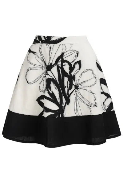 Conquista Women's A-line Floral Sketch Skirt With Contrast Black Hem