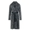 Conquista Women's Animal Print Wool Blend Long Coat With Faux Leather Belt In Black