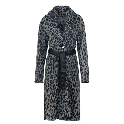 Conquista Women's Animal Print Wool Blend Long Coat With Faux Leather Belt In Black