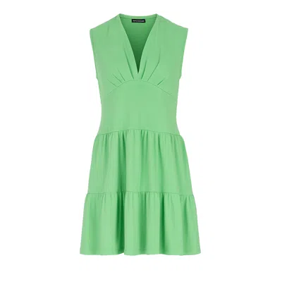 Conquista Women's Apple Green Sleeveless V-neck Jersey Dress – Loose Fit, Knee-length