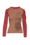 Conquista Women's Beige & Dark Red Print Top With Embroidery Detail In Red