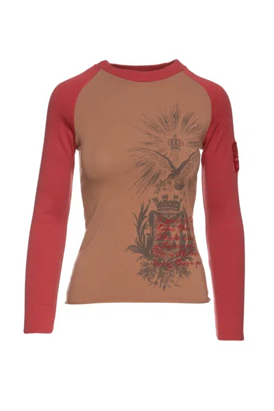 Conquista Women's Beige & Dark Red Print Top With Embroidery Detail