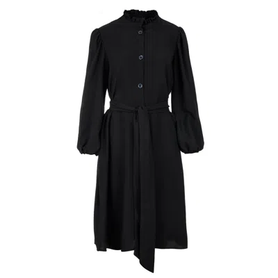 Conquista Women's Belted Long Sleeve Black Dress