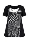 Conquista Women's Black Abstract Wave Print Overlay Tunic Top In Black