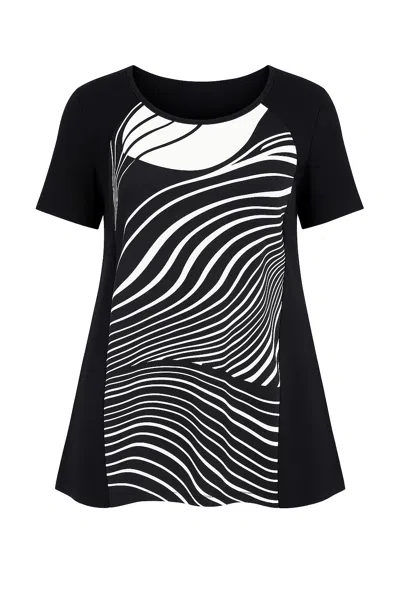 Conquista Women's Black Abstract Wave Print Overlay Tunic Top