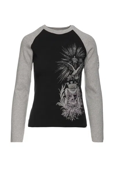 Conquista Women's Black & Grey Print Top With Embroidery Detail