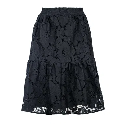 Conquista Women's Black Cotton Lace Skirt – Knitted Jacquard, Below Knee, Elastic Waist