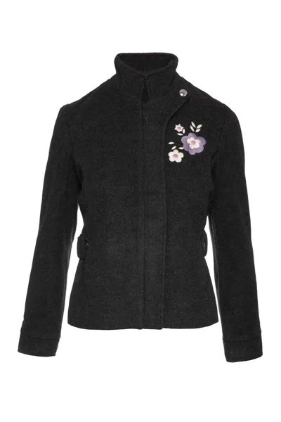 Conquista Women's Black Dark Grey Short Mouflon Jacket With Belt Detail