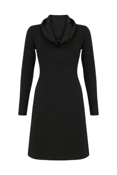 Conquista Women's Black Drape Neck Stretch Jersey Dress With Lace Detail