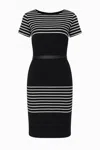 Conquista Women's Black Fitted Lightweight Lined Midi Dress With Stripes & Faux Leather Detail In Black