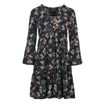 Conquista Women's Black Floral A Line Dress With Bell Sleeves