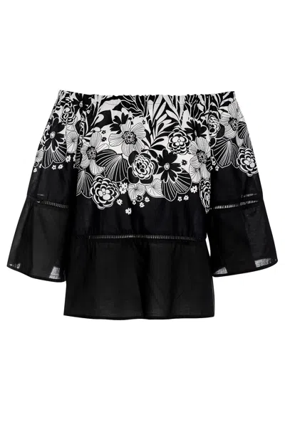 Conquista Women's Black Floral Top With Bell Sleeves