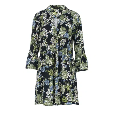Conquista Women's Black Khaki, Ecru & Blue Floral Dress With Bell Sleeves