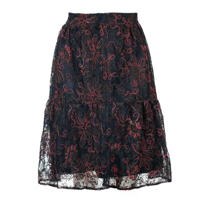 Conquista Women's Black Lace Skirt With Dark Red Stitching – Viscose-wool Blend, Below Knee, Elastic Waist