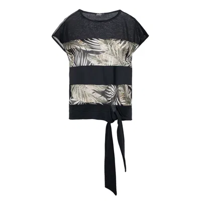 Conquista Women's Black Leaf Print Top With Ties
