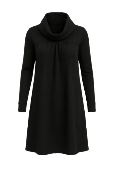 Conquista Women's Black Long Sleeve Knit Style A Line Dress With Wide Collar & Pleat Detail