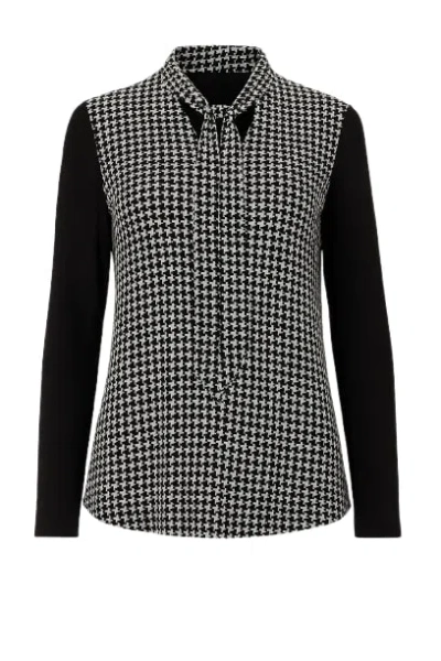 Conquista Women's Black Long Sleeve Print Top With Neck Tie