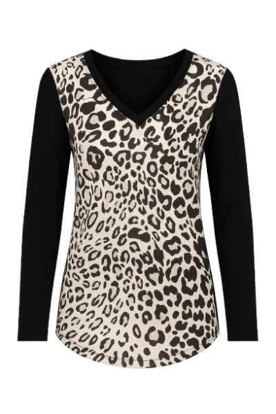Conquista Women's Black Long Sleeve Print Top With Trim Detail