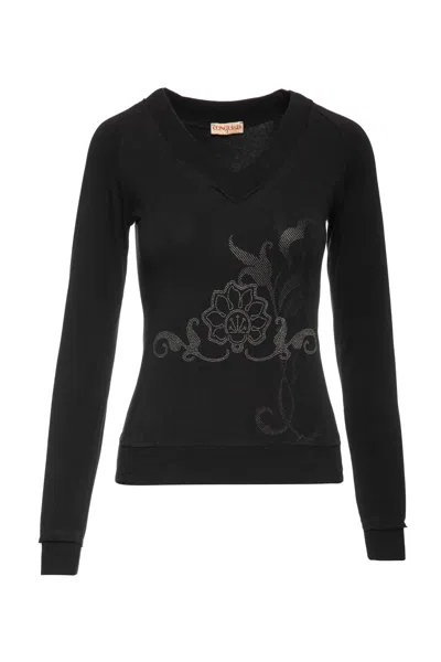 Conquista Women's Black Long Sleeve Top With A Silver & Black Print