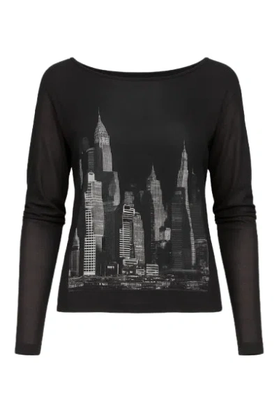 Conquista Women's Black Low Back Sheer Print Top