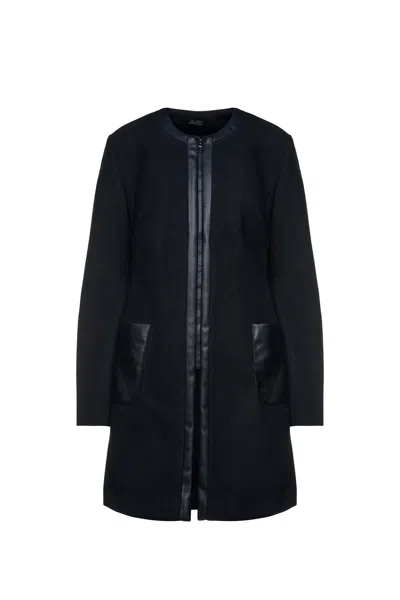 Conquista Women's Black Mouflon Coat With Faux Leather Detail
