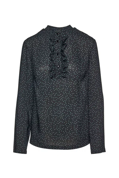 Conquista Women's Black Polka Dot Blouse With Ruffle Detail