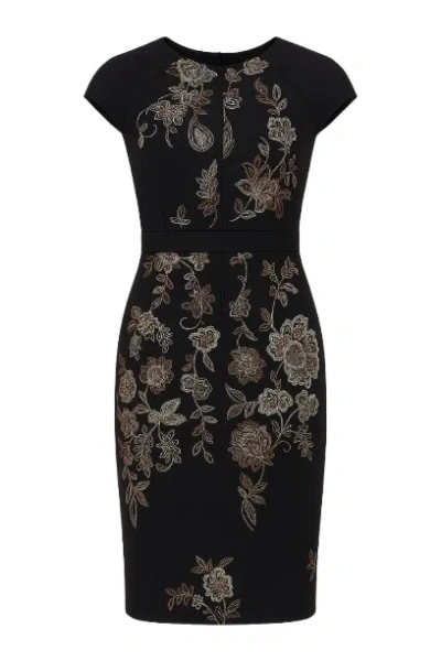 Conquista Women's Black Print Cap Sleeve Dress With Waistband