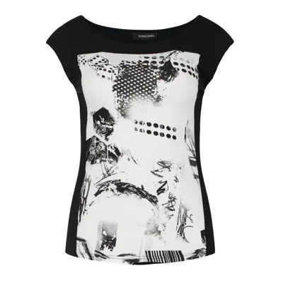 Conquista Women's Black Print Detail Cap Sleeve Top