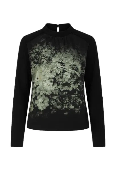 Conquista Women's Black Relaxed Long Sleeve Woven Top With Pleat Detail & Button Fastening
