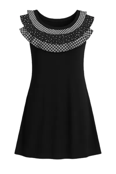 Conquista Women's Black Sleeveless Dress With Layered Gingham & Polka Dot Ruffle Neckline