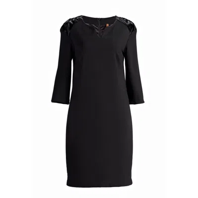 Conquista Women's Black Straight Dress With Fur Detail.